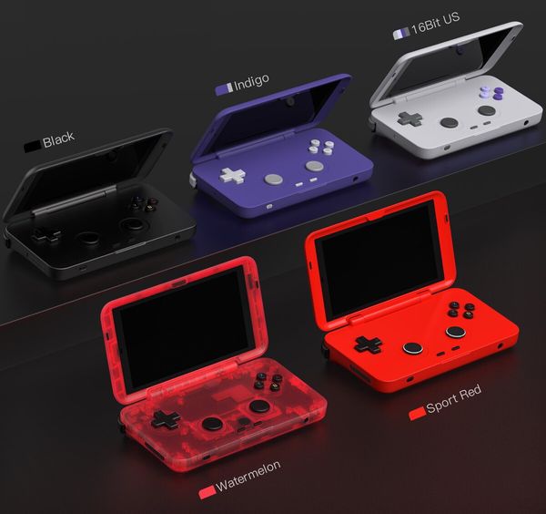 An assortment of Retroid Pocket Flip consoles in the available colors Black, Indigo, Watermelon, etc.