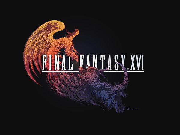 The official logo art for Final Fantasy XVI, featuring Phoenix and Ifrit, By Yoshitaka Amano