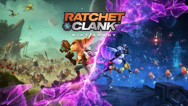 Key art of Ratchet, Clank and Rivet facing down the antagonistic armies of Dr. Nefarious